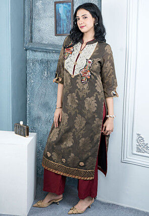 Woven Art Silk Jacquard Straight Kurta in Brown