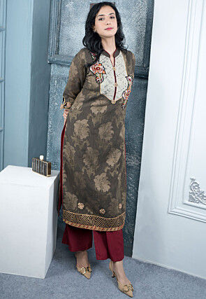 Woven Art Silk Jacquard Straight Kurta in Brown