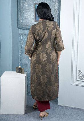 Woven Art Silk Jacquard Straight Kurta in Brown