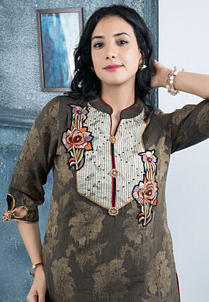 Woven Art Silk Jacquard Straight Kurta in Brown