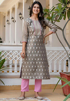 Woven Art Silk Jacquard Straight Kurta in Grey
