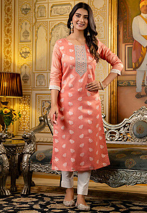 Woven Art Silk Jacquard Straight Kurta in Orange