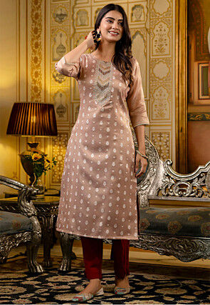 Woven Art Silk Jacquard Straight Kurta in Peach