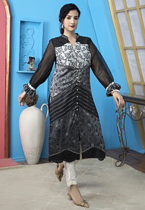 Woven Art Silk Jacquard Straight Kurta Set in Black