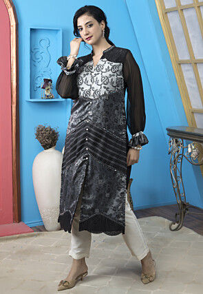 Woven Art Silk Jacquard Straight Kurta Set in Black