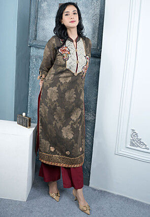 Woven Art Silk Jacquard Straight Kurta Set in Brown