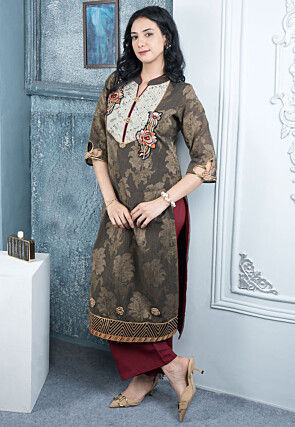 Woven Art Silk Jacquard Straight Kurta Set in Brown
