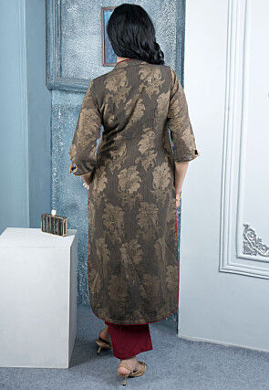 Woven Art Silk Jacquard Straight Kurta Set in Brown