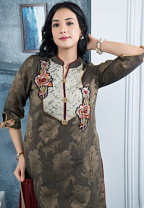 Woven Art Silk Jacquard Straight Kurta Set in Brown
