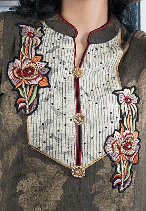 Woven Art Silk Jacquard Straight Kurta Set in Brown