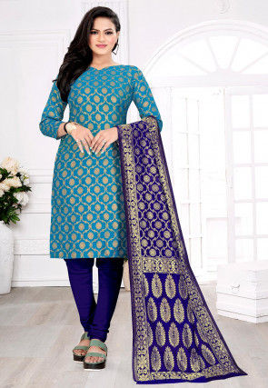 Woven Art Silk Jacquard Straight Suit in Blue