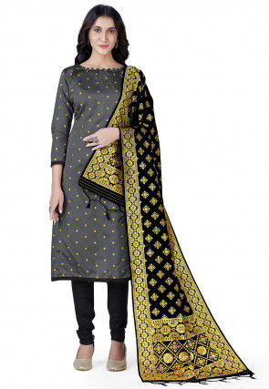 Woven Art Silk Jacquard Straight Suit in Grey