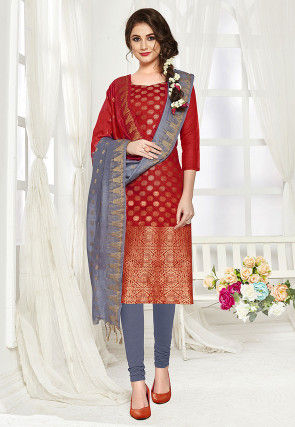 Woven Art Silk Jacquard Straight Suit in Maroon