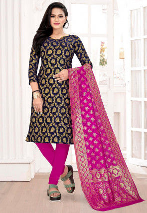 Woven Art Silk Jacquard Straight Suit in Navy Blue