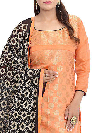Woven Art Silk Jacquard Straight Suit in Orange