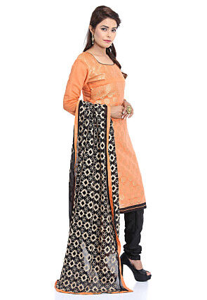 Woven Art Silk Jacquard Straight Suit in Orange