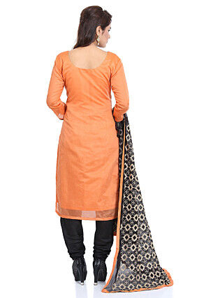 Woven Art Silk Jacquard Straight Suit in Orange