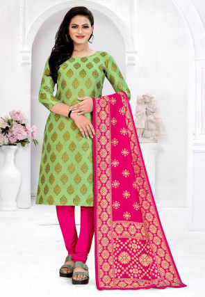 Woven Art Silk Jacquard Straight Suit in Pastel Green