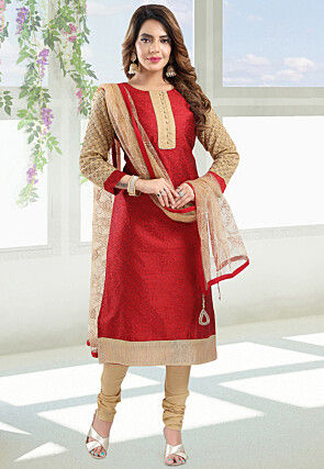 Woven Art Silk Jacquard Straight Suit in Red