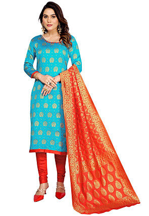 Woven Art Silk Jacquard Straight Suit in Sky Blue