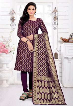 Woven Art Silk Jacquard Straight Suit in Violet