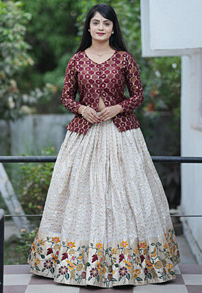 Woven Art Silk Jacquard Top Set in Maroon