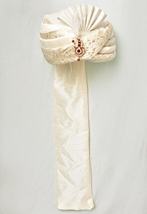 Woven Art Silk Jacquard Turban in Off White