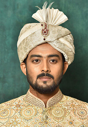 Woven Art Silk Jacquard Turban in Off White