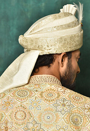 Woven Art Silk Jacquard Turban in Off White