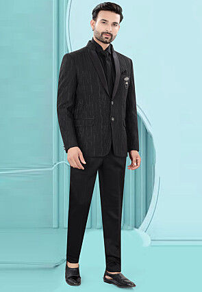 Woven Art Silk Jacquard Tuxedo in Black