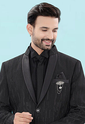Woven Art Silk Jacquard Tuxedo in Black