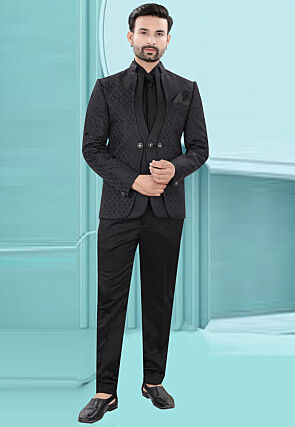 Woven Art Silk Jacquard Tuxedo in Black
