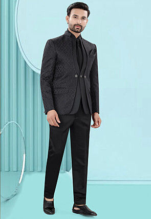 Woven Art Silk Jacquard Tuxedo in Black