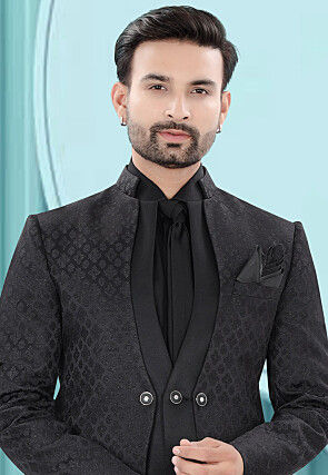 Woven Art Silk Jacquard Tuxedo in Black