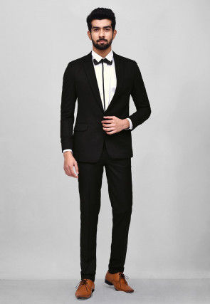 Woven Art Silk Jacquard Tuxedo in Black