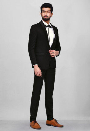 Woven Art Silk Jacquard Tuxedo in Black