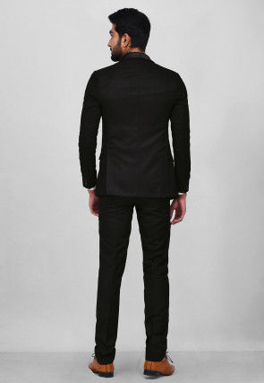 Woven Art Silk Jacquard Tuxedo in Black