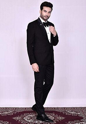 Woven Art Silk Jacquard Tuxedo in Black