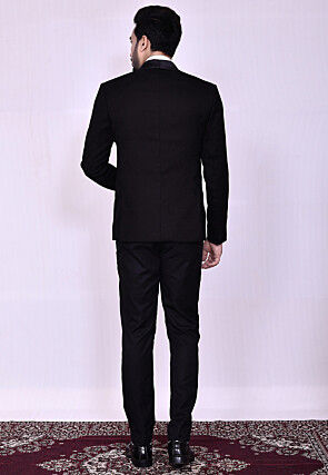 Woven Art Silk Jacquard Tuxedo in Black