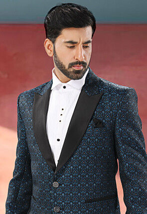 Woven Art Silk Jacquard Tuxedo in Blue