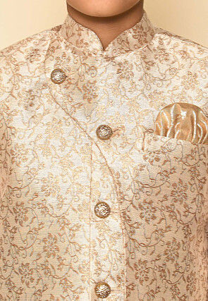 Woven Art Silk Jaquard Asymmetric Sherwani Set in Cream