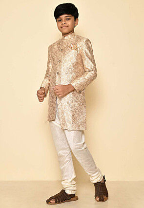 Woven Art Silk Jaquard Asymmetric Sherwani Set in Cream
