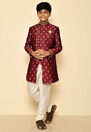 Woven Art Silk Jaquard Asymmetric Sherwani Set in Maroon