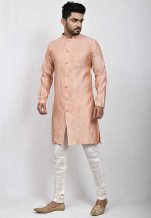Woven Art Silk Jaquard Front Open Kurta Set in Peach