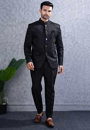 Woven Art Silk Jodhpuri Suit in Black