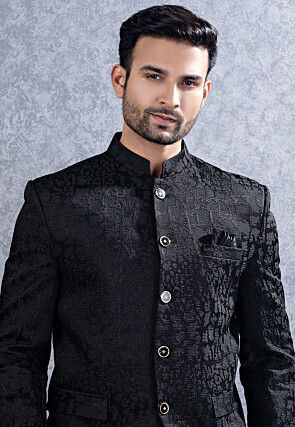 Woven Art Silk Jodhpuri Suit in Black
