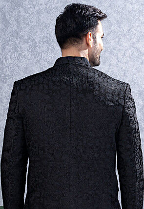 Woven Art Silk Jodhpuri Suit in Black