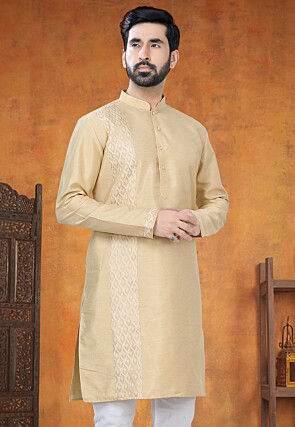Woven Art Silk Kurta in Beige