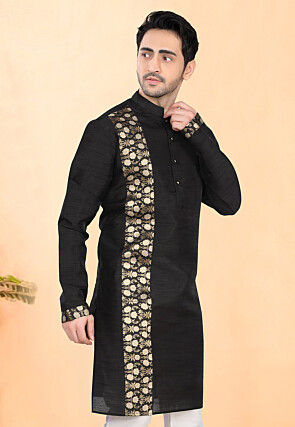 Woven Art Silk Kurta in Black