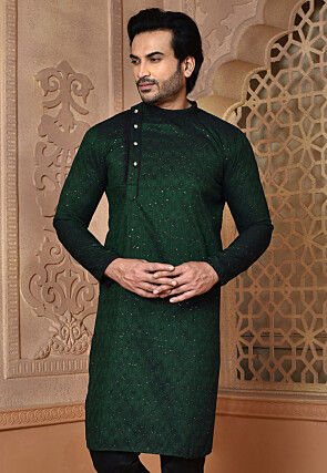 Woven Art Silk Kurta in Dark Green